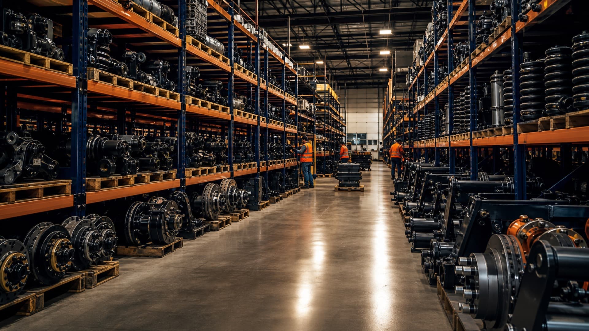Modern industrial warehouse stocked with heavy-duty commercial truck parts